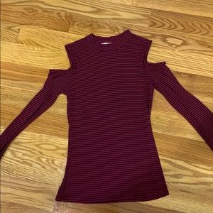 Maroon striped cold shoulder top